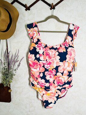 Floral One-Piece Swimsuit With Tummy Control & Full Seat Coverage Size 20 Navy/P